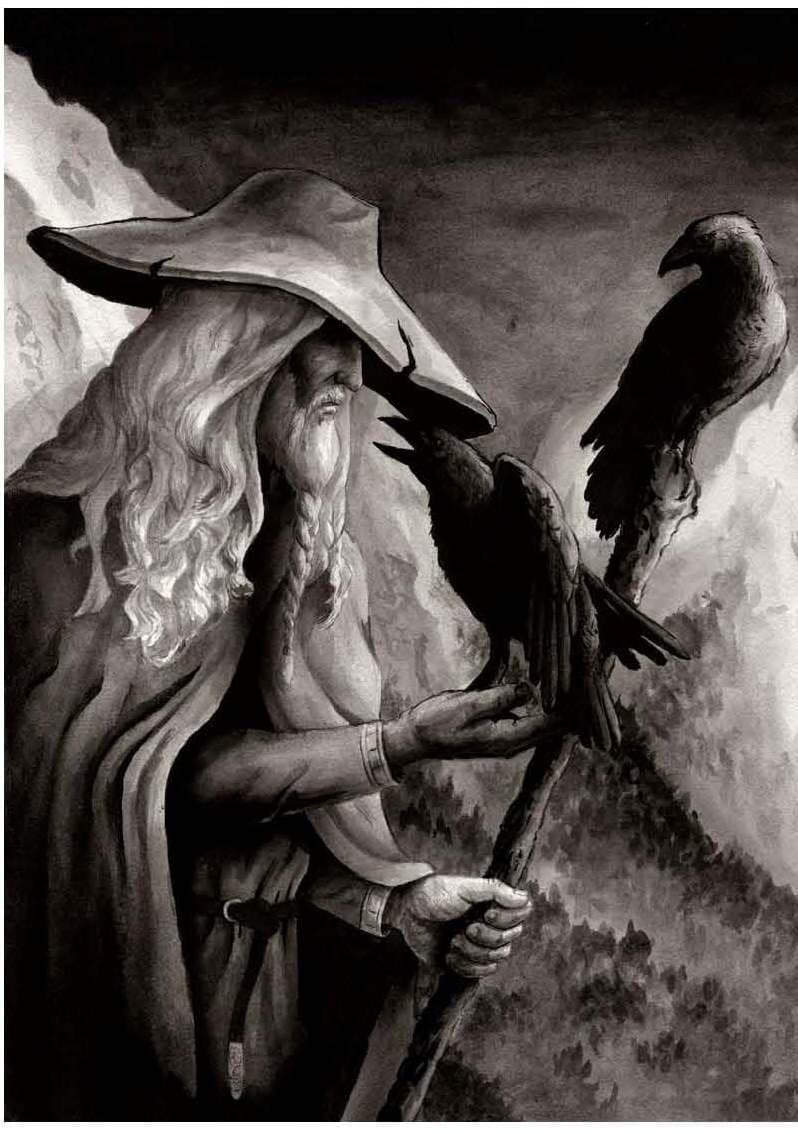 Illustration of Odin with his two ravens, Huginn and Muninn